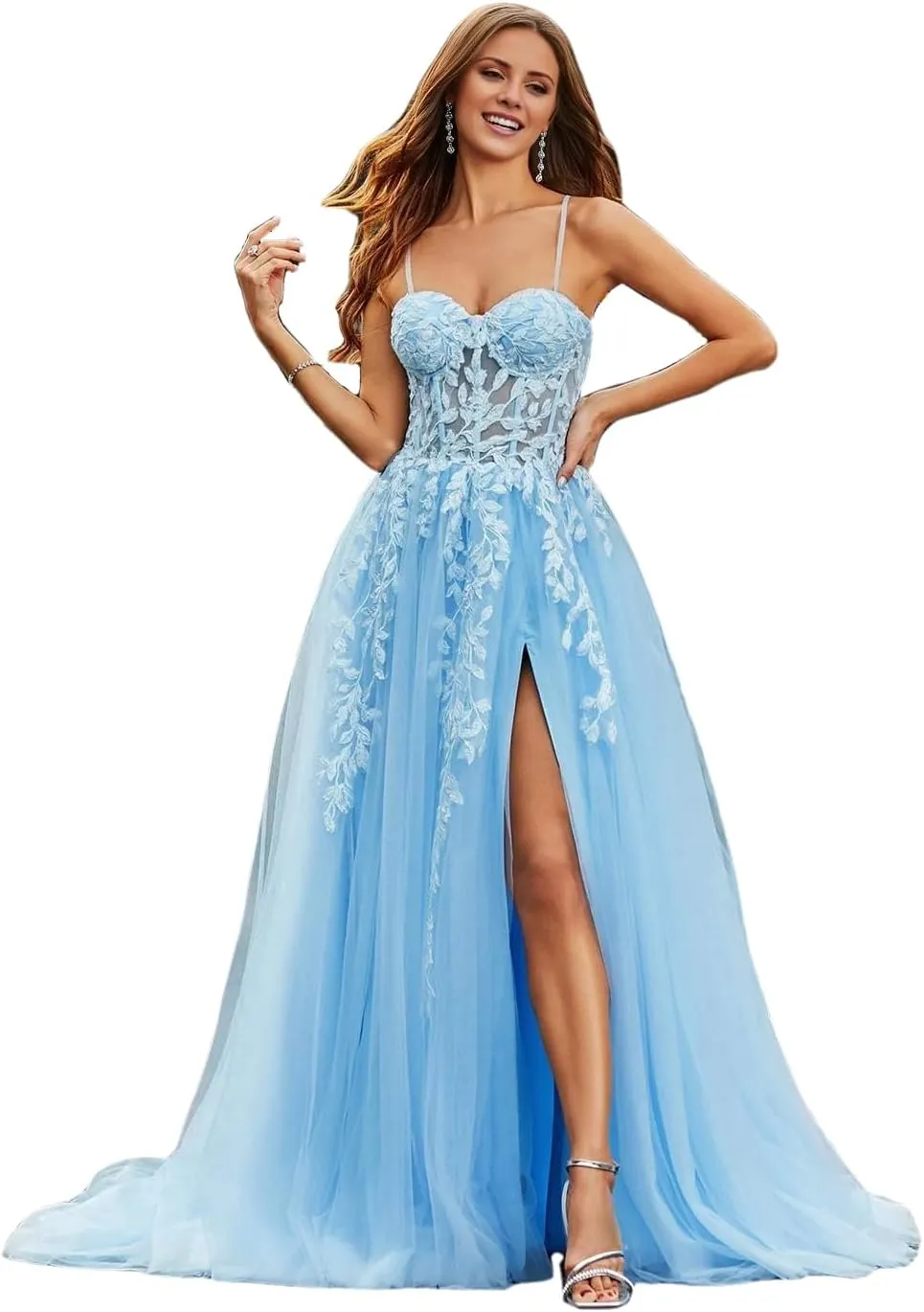 Lace Tulle Prom Dresses Long Spaghetti Straps Corset Backless Sky Blue Formal Gowns and Evening Dresses