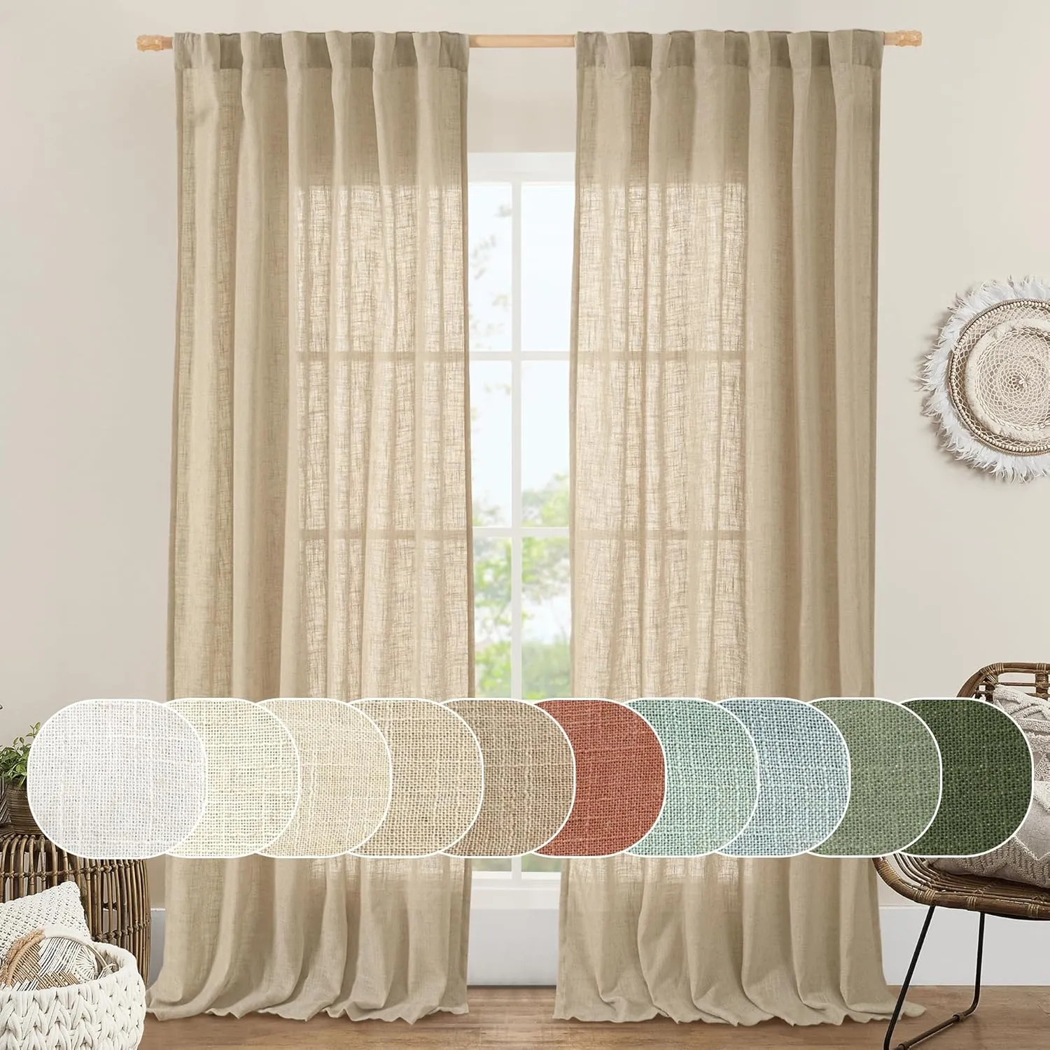 LAMIT Brown Linen Curtains 84 inches for Bedroom, Faux Linen Textured Light Filtering Drapes Back Tab and Rod Pocket Boho Burlap Panels for Farmhouse/Living Room, 2 Panels, 52 x 84 Inch