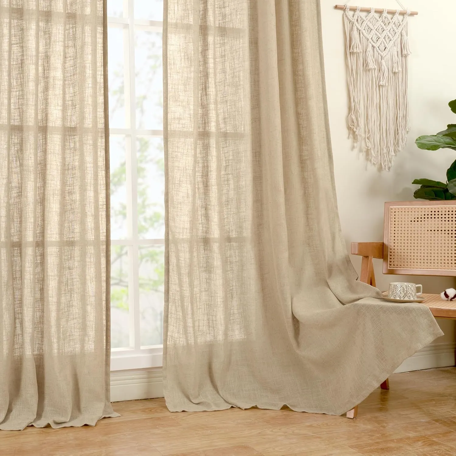 LAMIT Brown Linen Curtains 84 inches for Bedroom, Faux Linen Textured Light Filtering Drapes Back Tab and Rod Pocket Boho Burlap Panels for Farmhouse/Living Room, 2 Panels, 52 x 84 Inch