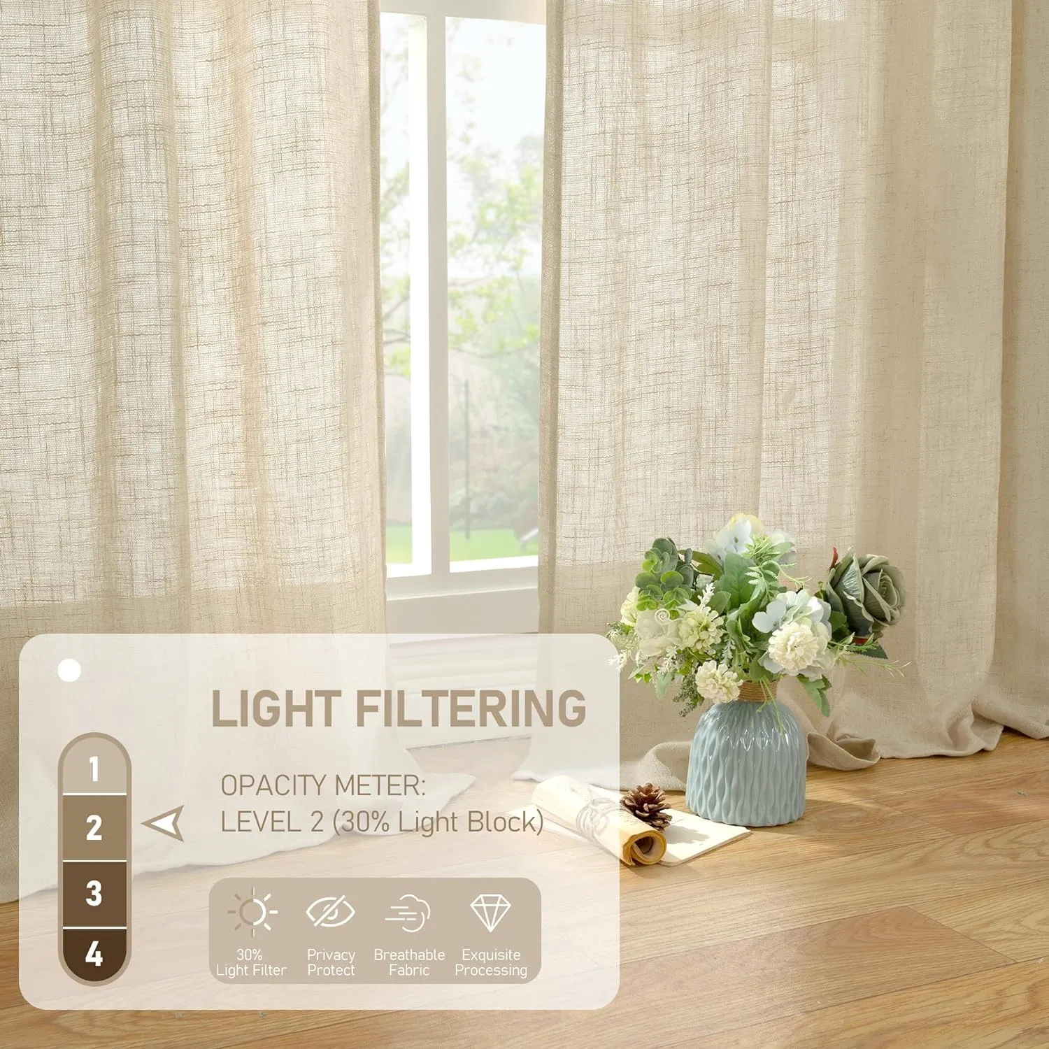 LAMIT Semi Sheer Linen Curtains 54 Inch Length 2 Panels, Light Filtering Panels Back Tab and Rod Pocket Neutral Drapes for Small Window/Bedroom, 52 x 54 Inch