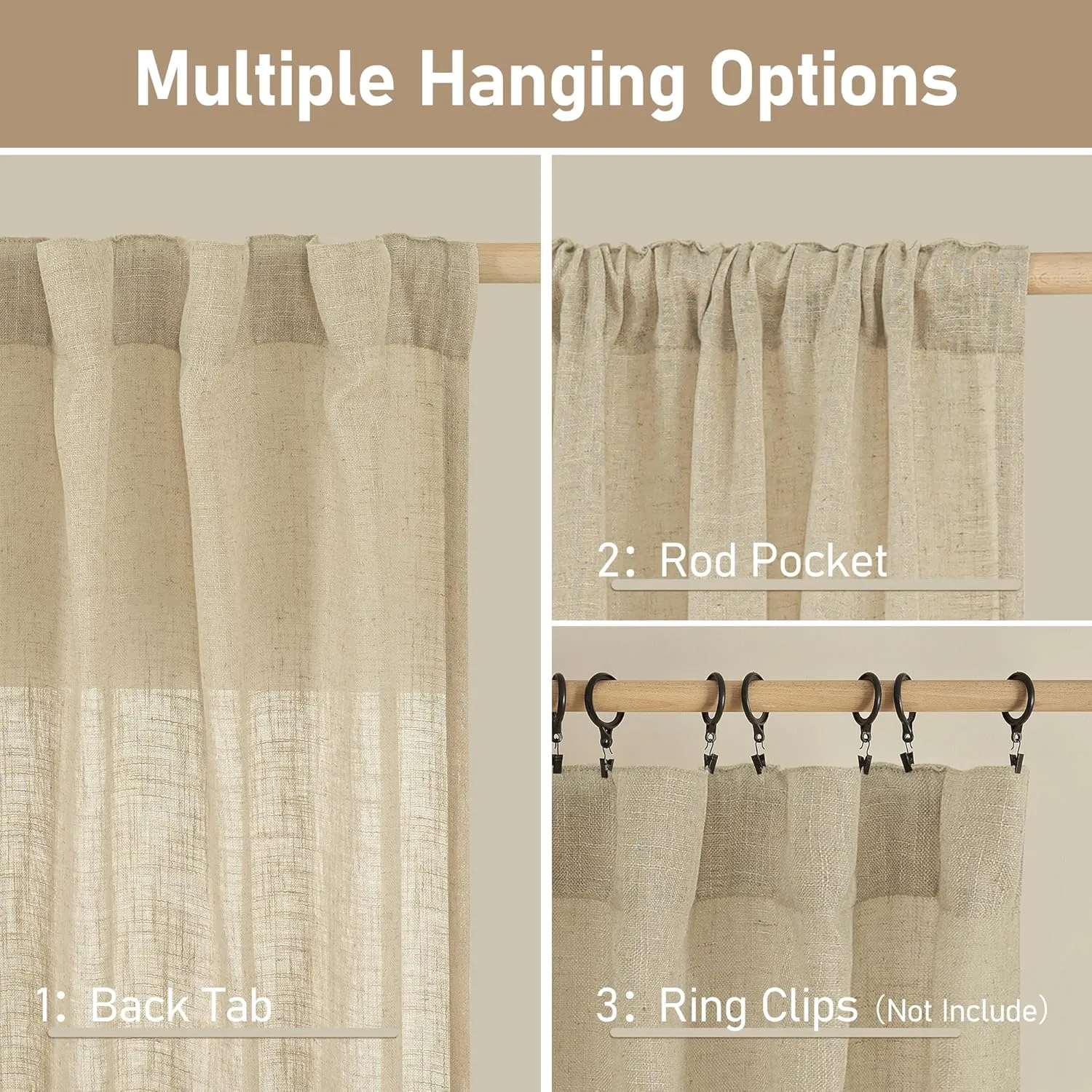 LAMIT Semi Sheer Linen Curtains 54 Inch Length 2 Panels, Light Filtering Panels Back Tab and Rod Pocket Neutral Drapes for Small Window/Bedroom, 52 x 54 Inch