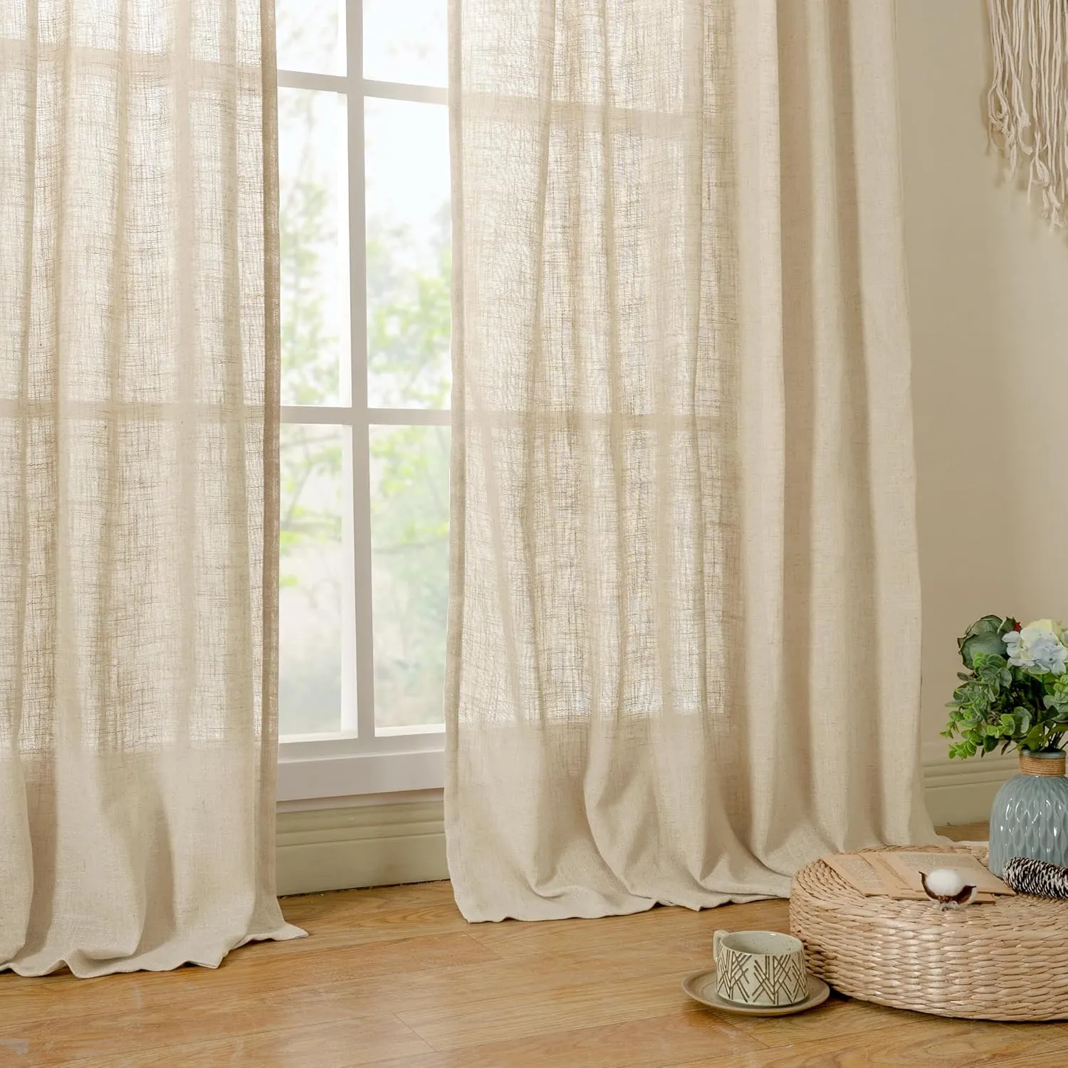 LAMIT Semi Sheer Linen Curtains 54 Inch Length 2 Panels, Light Filtering Panels Back Tab and Rod Pocket Neutral Drapes for Small Window/Bedroom, 52 x 54 Inch
