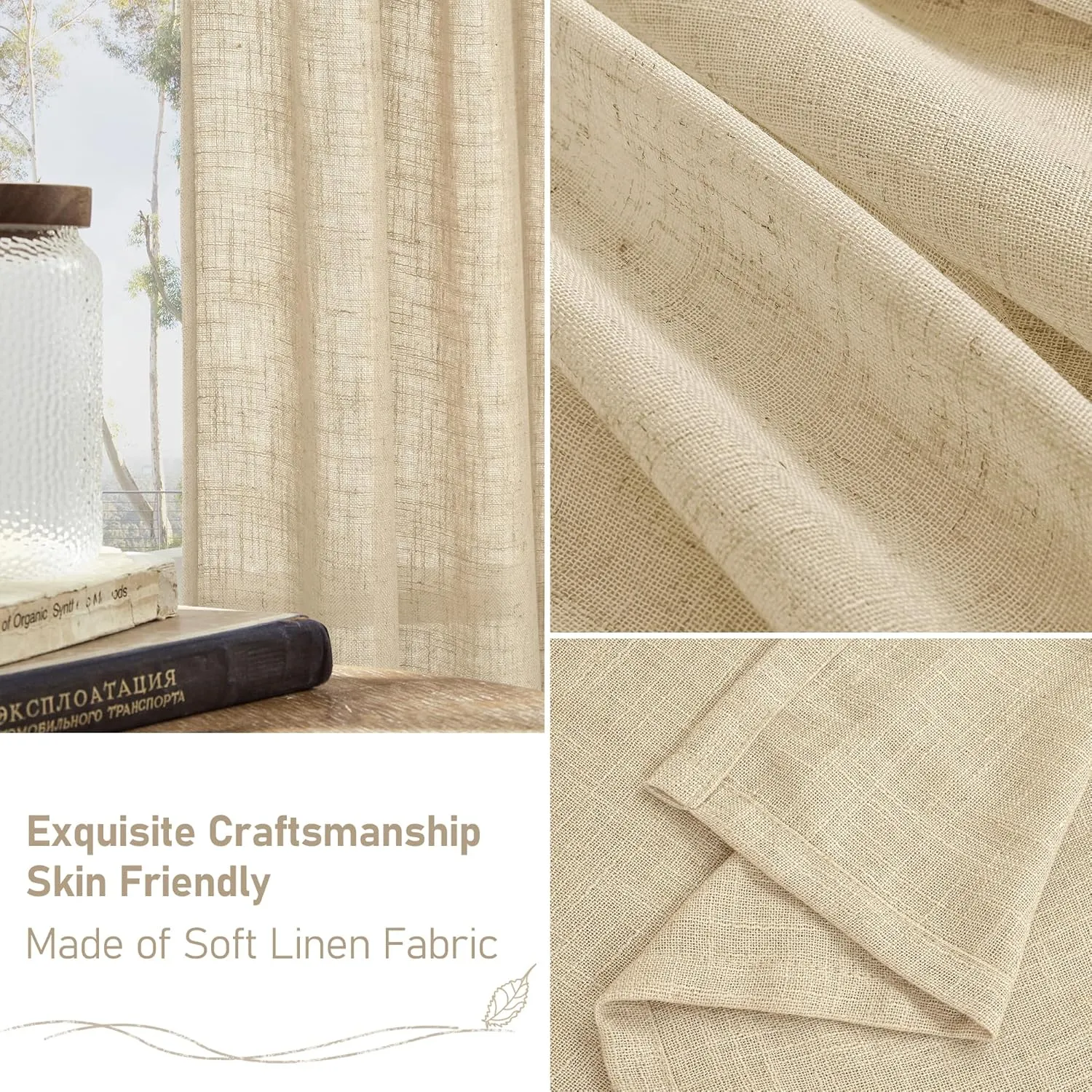 LAMIT Semi Sheer Linen Curtains 54 Inch Length 2 Panels, Light Filtering Panels Back Tab and Rod Pocket Neutral Drapes for Small Window/Bedroom, 52 x 54 Inch