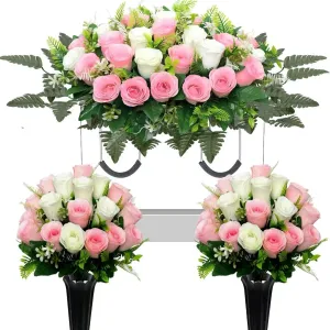 Large Artificial Cemetery Flowers for Grave,Headstone Flower Saddle 3Pcs Realistic Grave Memorial Flowers with Vase for Outdoor Tombstone Decorations (Pink White)