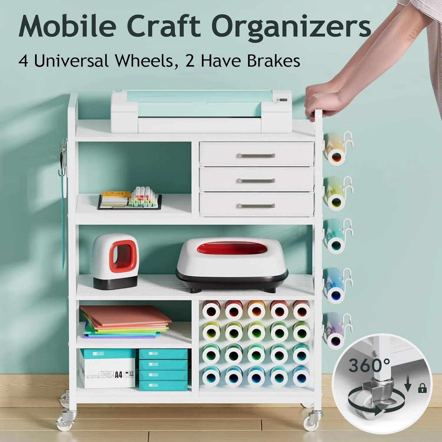 Large Craft Organizers and Storage - Rolling Organization Cart with Drawers and Vinyl Roll Holder, Craft Cabinet Table Compatible for Cricut Craft Cutting Machine Stand Workstation