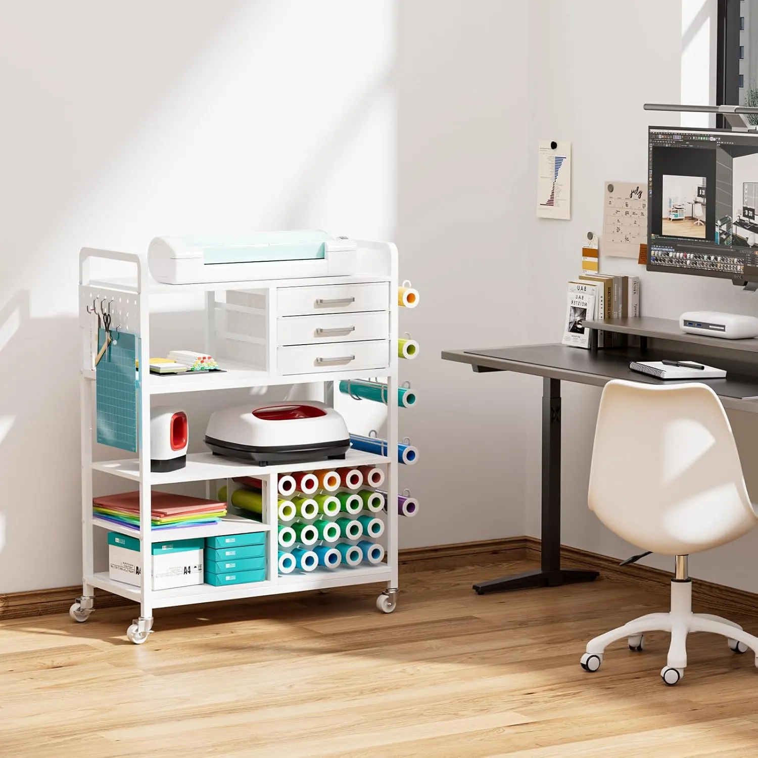 Large Craft Organizers and Storage - Rolling Organization Cart with Drawers and Vinyl Roll Holder, Craft Cabinet Table Compatible for Cricut Craft Cutting Machine Stand Workstation