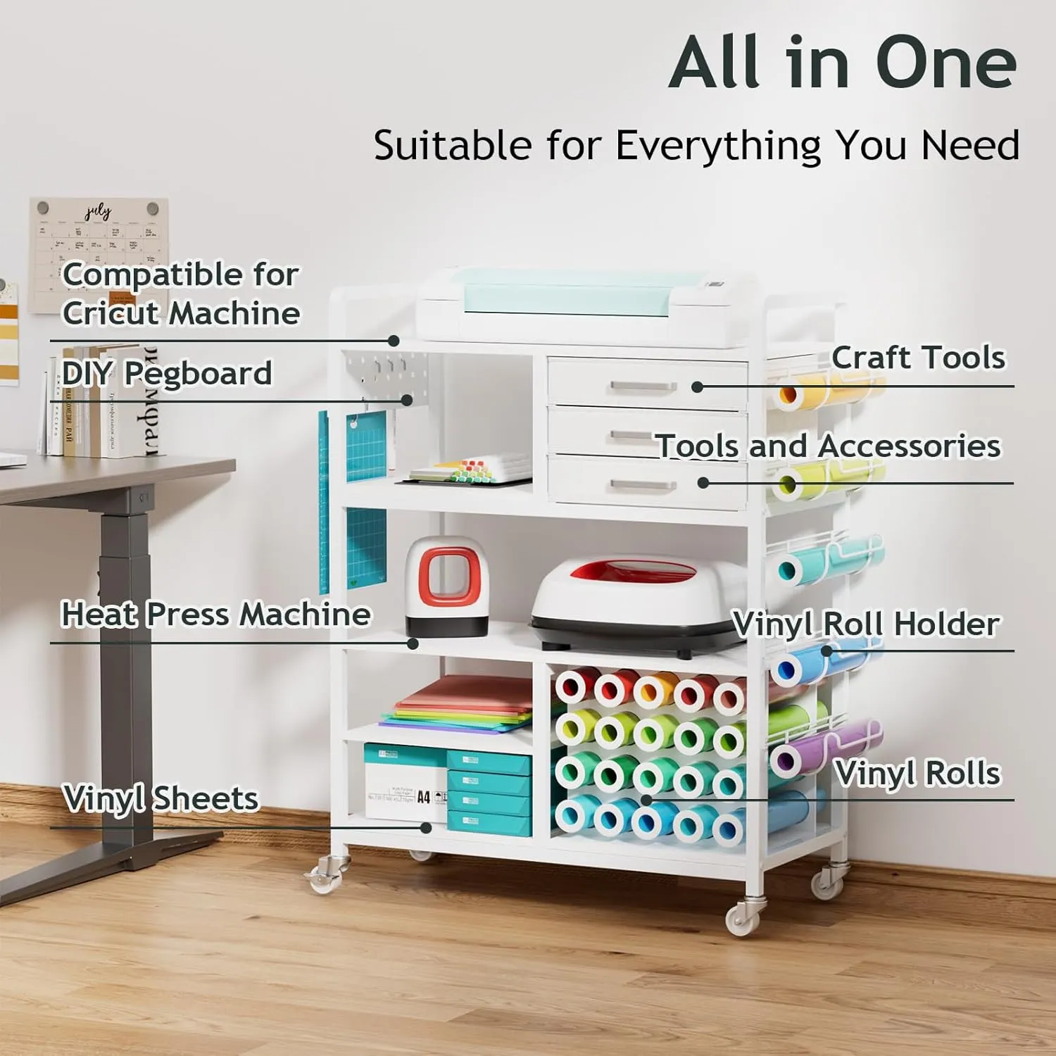 Large Craft Organizers and Storage - Rolling Organization Cart with Drawers and Vinyl Roll Holder, Craft Cabinet Table Compatible for Cricut Craft Cutting Machine Stand Workstation