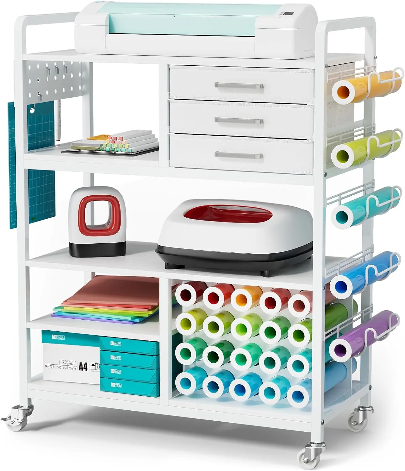 Large Craft Organizers and Storage - Rolling Organization Cart with Drawers and Vinyl Roll Holder, Craft Cabinet Table Compatible for Cricut Craft Cutting Machine Stand Workstation