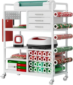Large Craft Organizers and Storage - Rolling Organization Cart with Drawers and Vinyl Roll Holder, Craft Cabinet Table Compatible for Cricut Craft Cutting Machine Stand Workstation