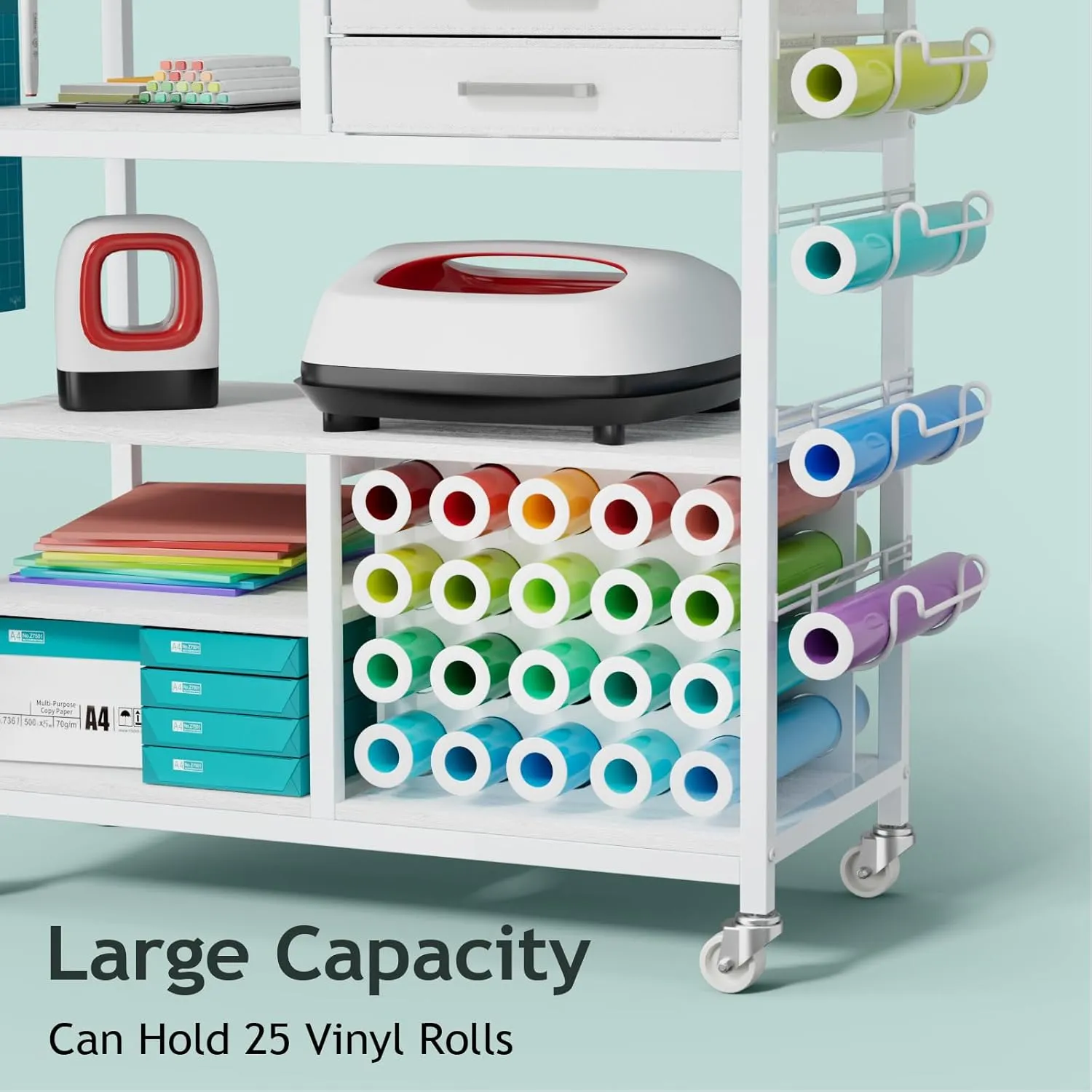 Large Craft Organizers and Storage - Rolling Organization Cart with Drawers and Vinyl Roll Holder, Craft Cabinet Table Compatible for Cricut Craft Cutting Machine Stand Workstation