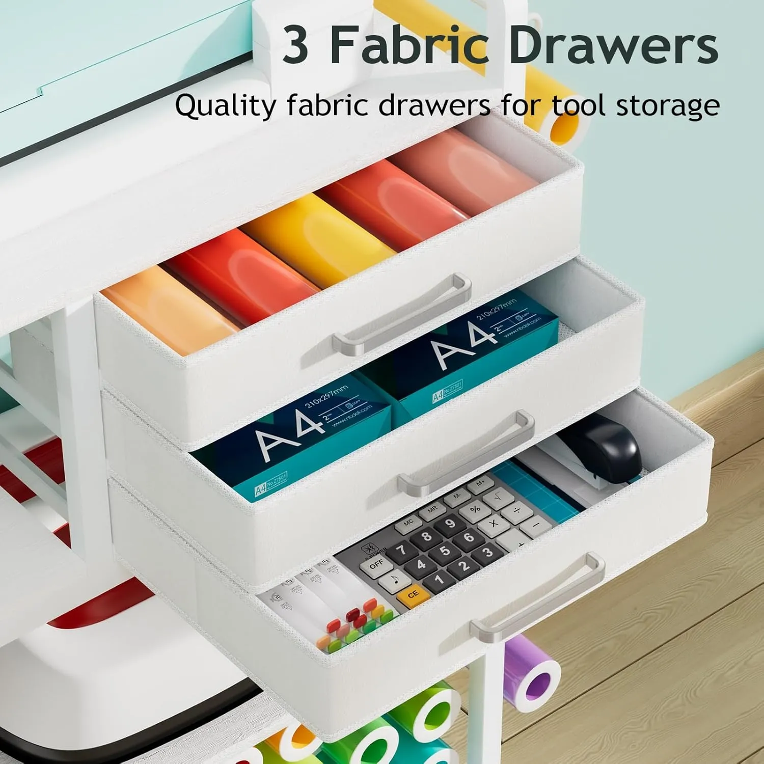 Large Craft Organizers and Storage - Rolling Organization Cart with Drawers and Vinyl Roll Holder, Craft Cabinet Table Compatible for Cricut Craft Cutting Machine Stand Workstation