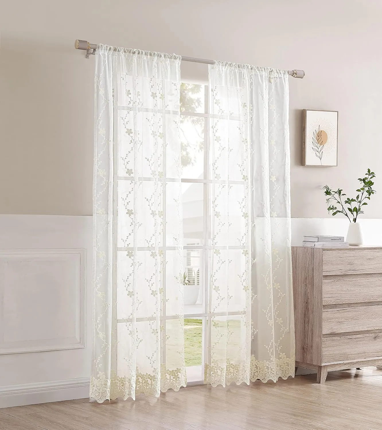 Laura Ashley Melody Vine Sheer Curtains with Rod Pocket, Each Panel Measures 54" W x 96" L, Ivory, 2 Panels