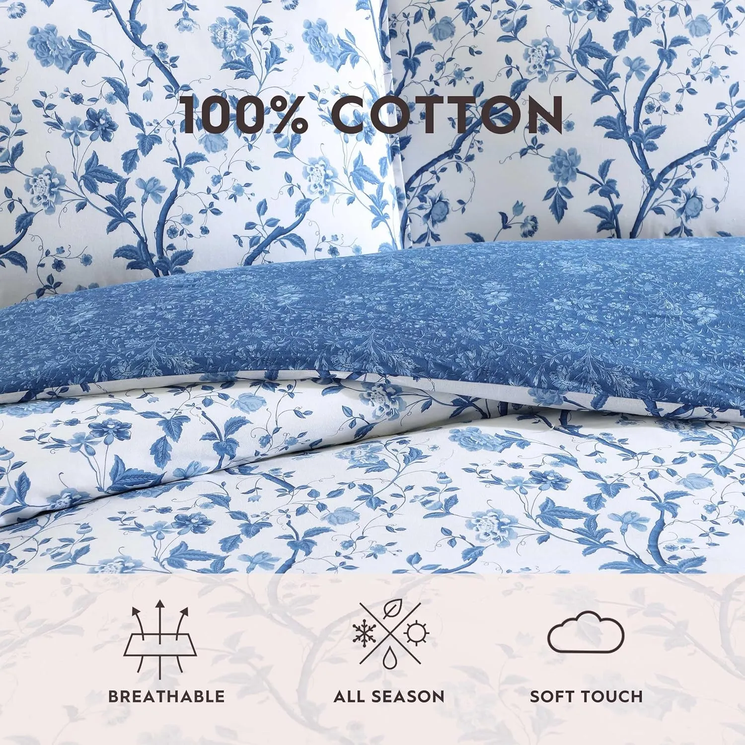 Laura Ashley - Queen Comforter Set, Reversible Cotton Bedding, Includes Matching Shams with Bonus Euro Shams & Throw Pills (Elise Blue, Queen)