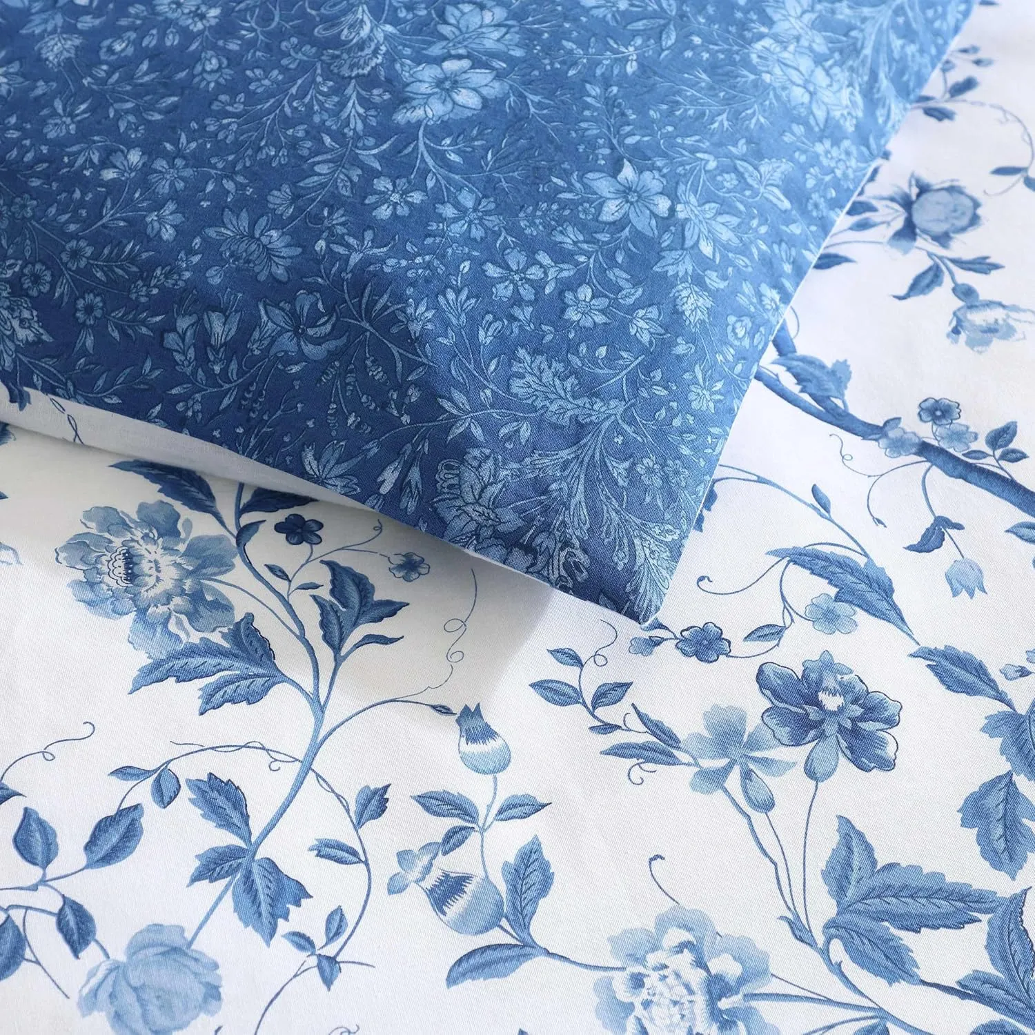 Laura Ashley - Queen Comforter Set, Reversible Cotton Bedding, Includes Matching Shams with Bonus Euro Shams & Throw Pills (Elise Blue, Queen)