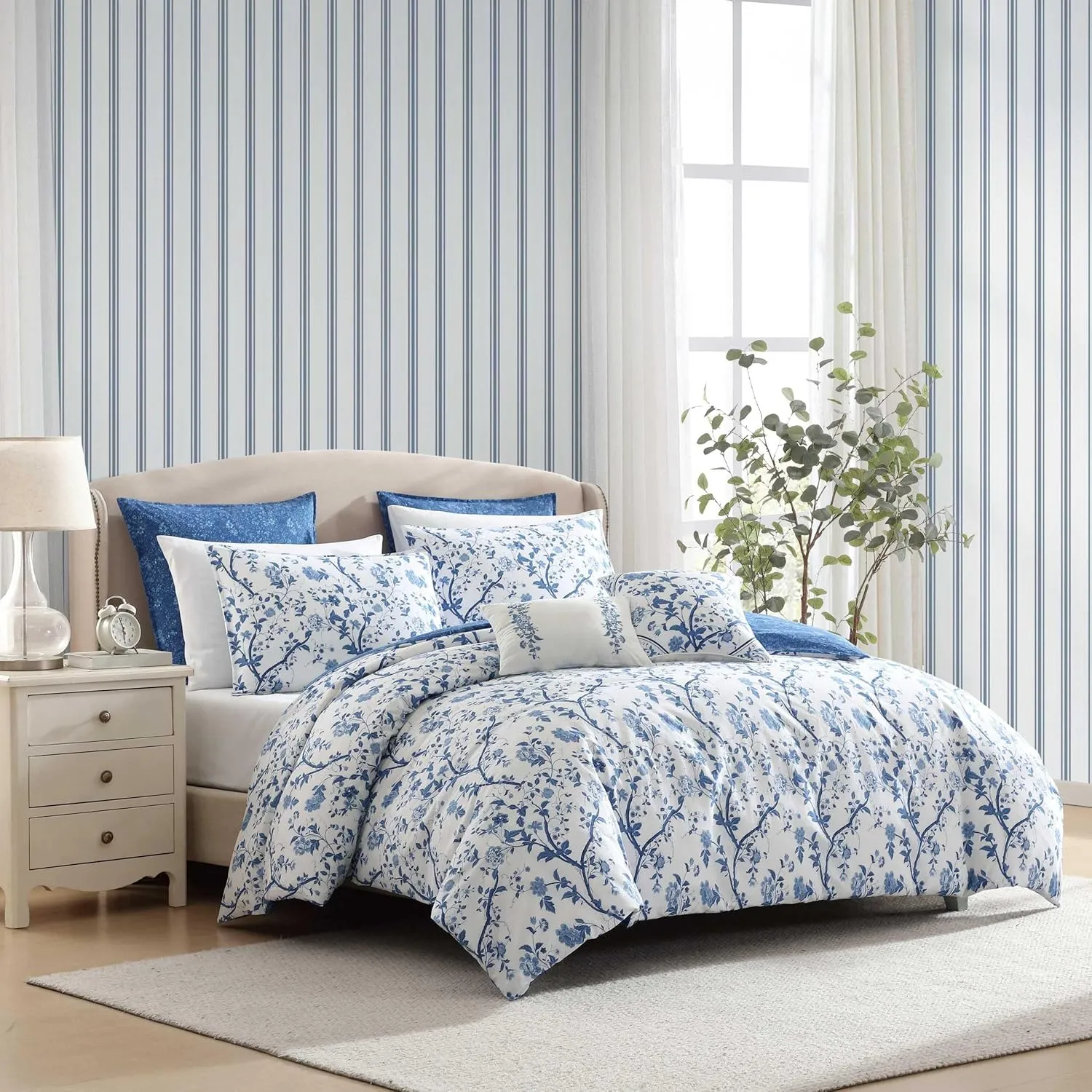 Laura Ashley - Queen Comforter Set, Reversible Cotton Bedding, Includes Matching Shams with Bonus Euro Shams & Throw Pills (Elise Blue, Queen)