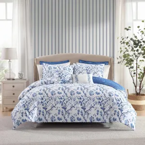 Laura Ashley - Queen Comforter Set, Reversible Cotton Bedding, Includes Matching Shams with Bonus Euro Shams & Throw Pills (Elise Blue, Queen)