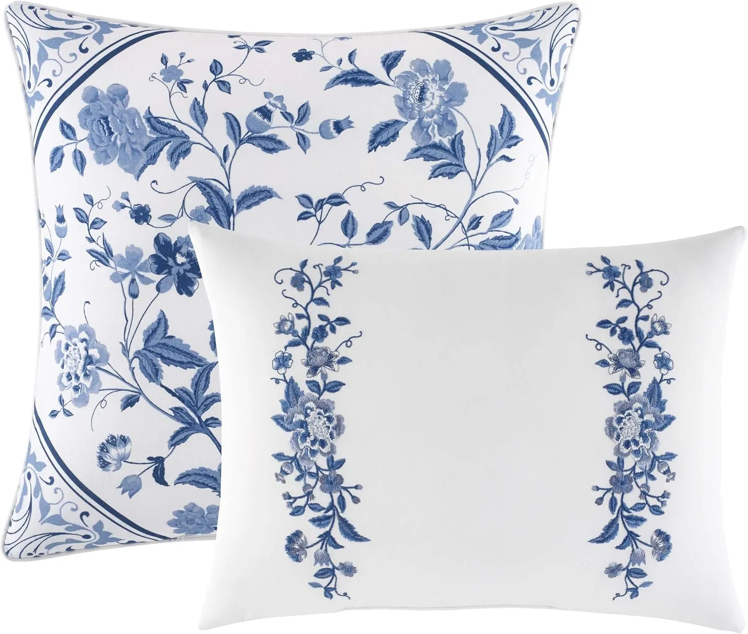 Laura Ashley - Queen Comforter Set, Reversible Cotton Bedding, Includes Matching Shams with Bonus Euro Shams & Throw Pills (Elise Blue, Queen)