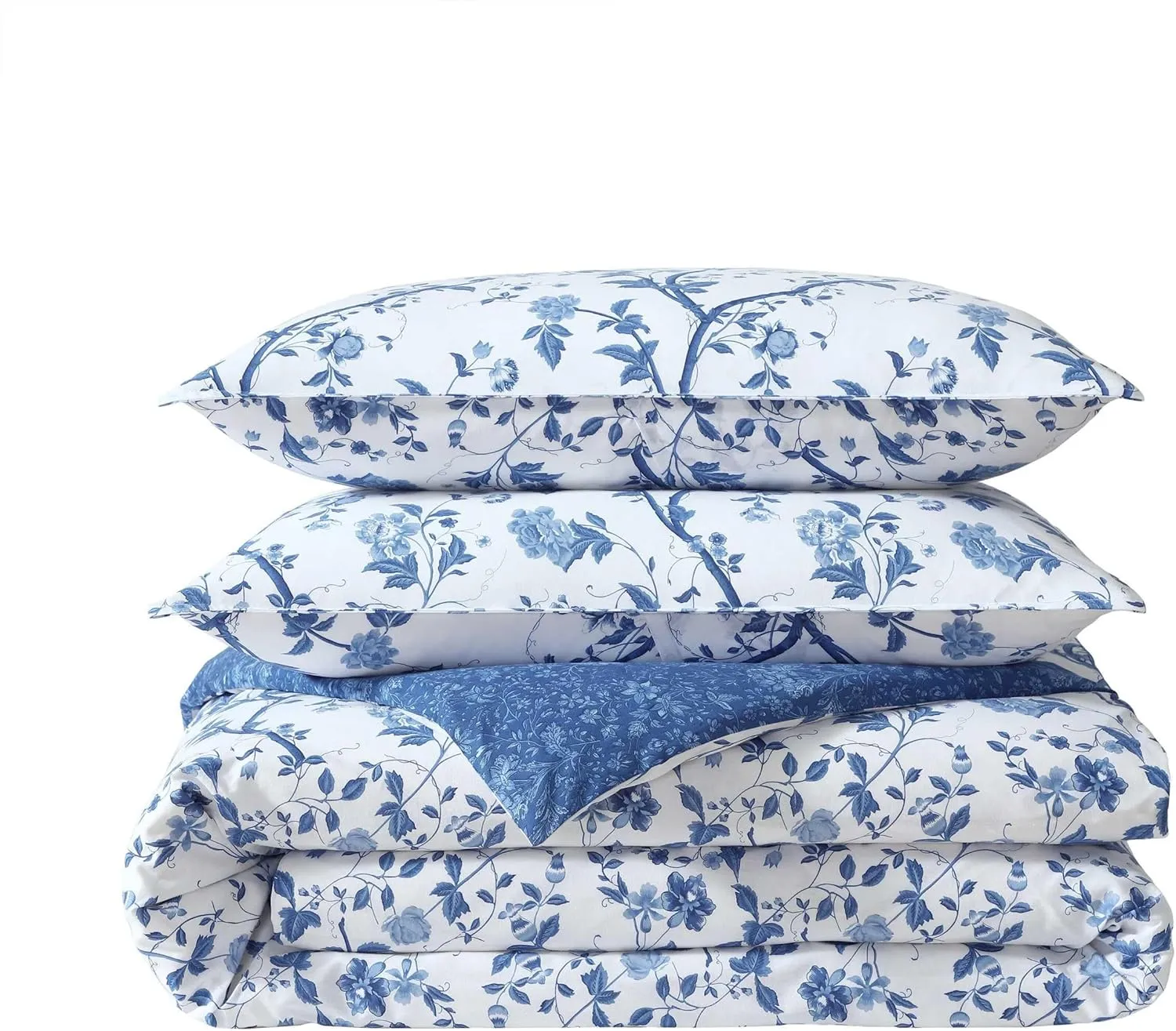 Laura Ashley - Queen Comforter Set, Reversible Cotton Bedding, Includes Matching Shams with Bonus Euro Shams & Throw Pills (Elise Blue, Queen)