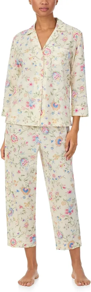 Lauren Ralph Lauren Women's 3/4 Sleeve Woven Cropped Pj Set