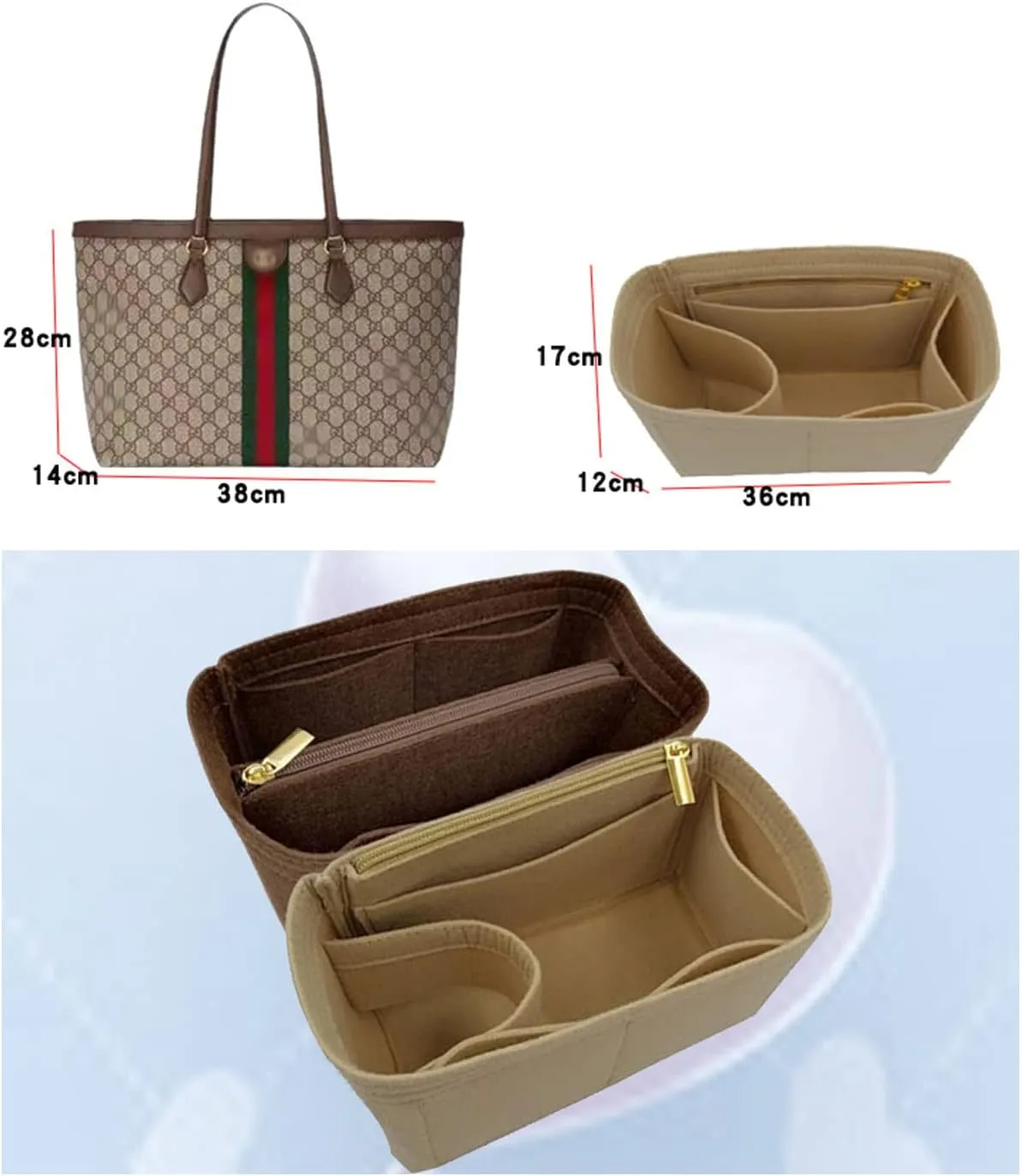 Lckaey Purorganizer is used for ophidia medium tote bag lining storage bag insert3010khaki-A