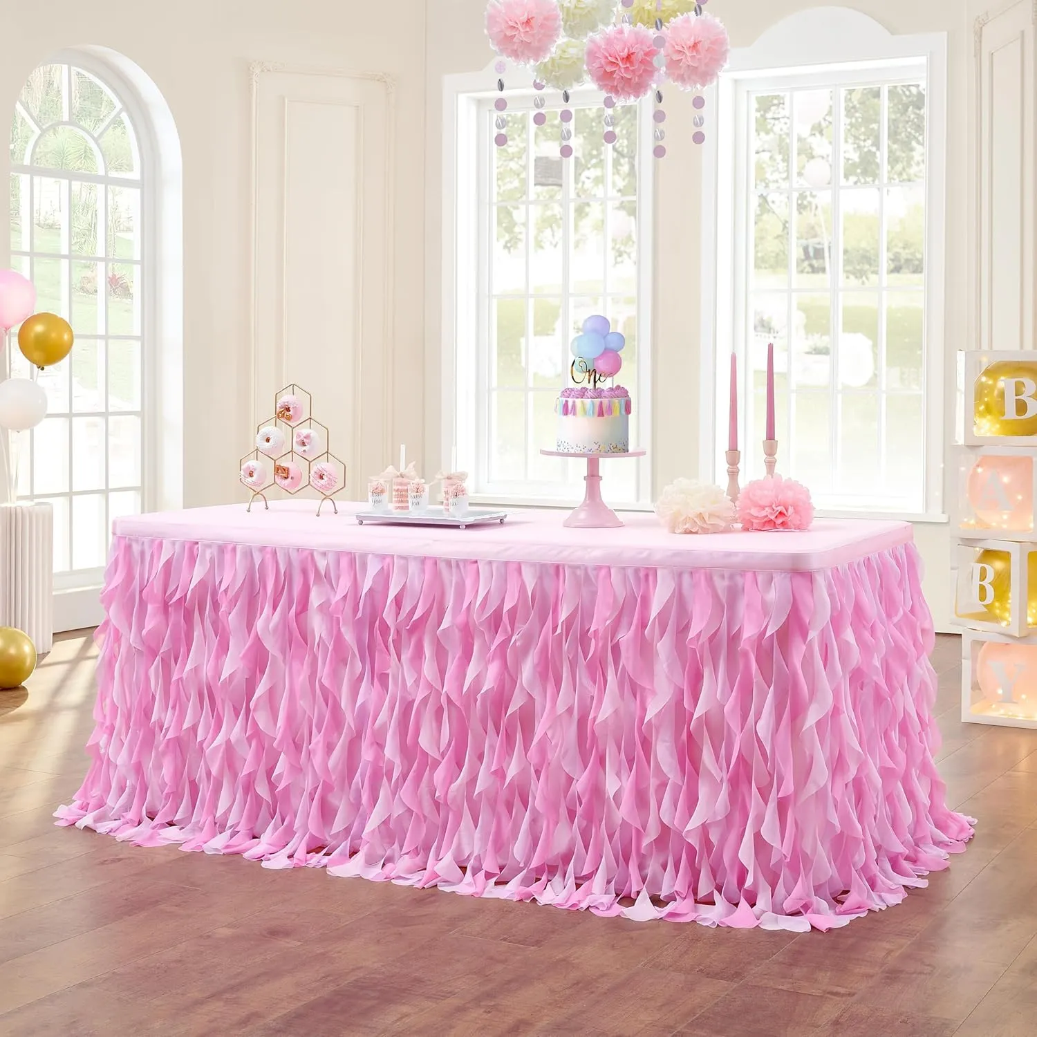 leegleri 9ft Baby Pink Tutu Table Skirt Tulle Table Skirt for Rectangle&Round Tables,Tutu Ruffle Tablecloth for Princess Girls 1st Baby Girl Birthday Party,Baby Shower Decoration,Gender Reveal