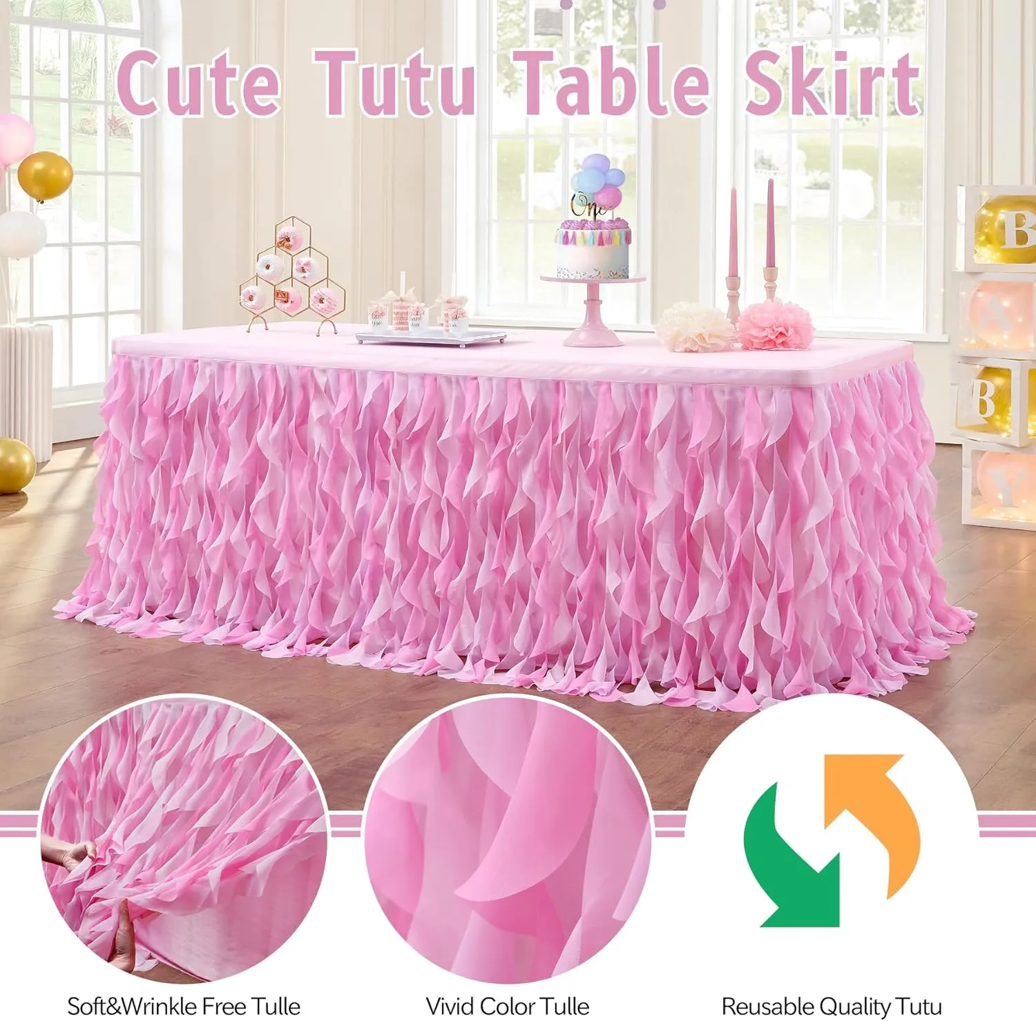 leegleri 9ft Baby Pink Tutu Table Skirt Tulle Table Skirt for Rectangle&Round Tables,Tutu Ruffle Tablecloth for Princess Girls 1st Baby Girl Birthday Party,Baby Shower Decoration,Gender Reveal