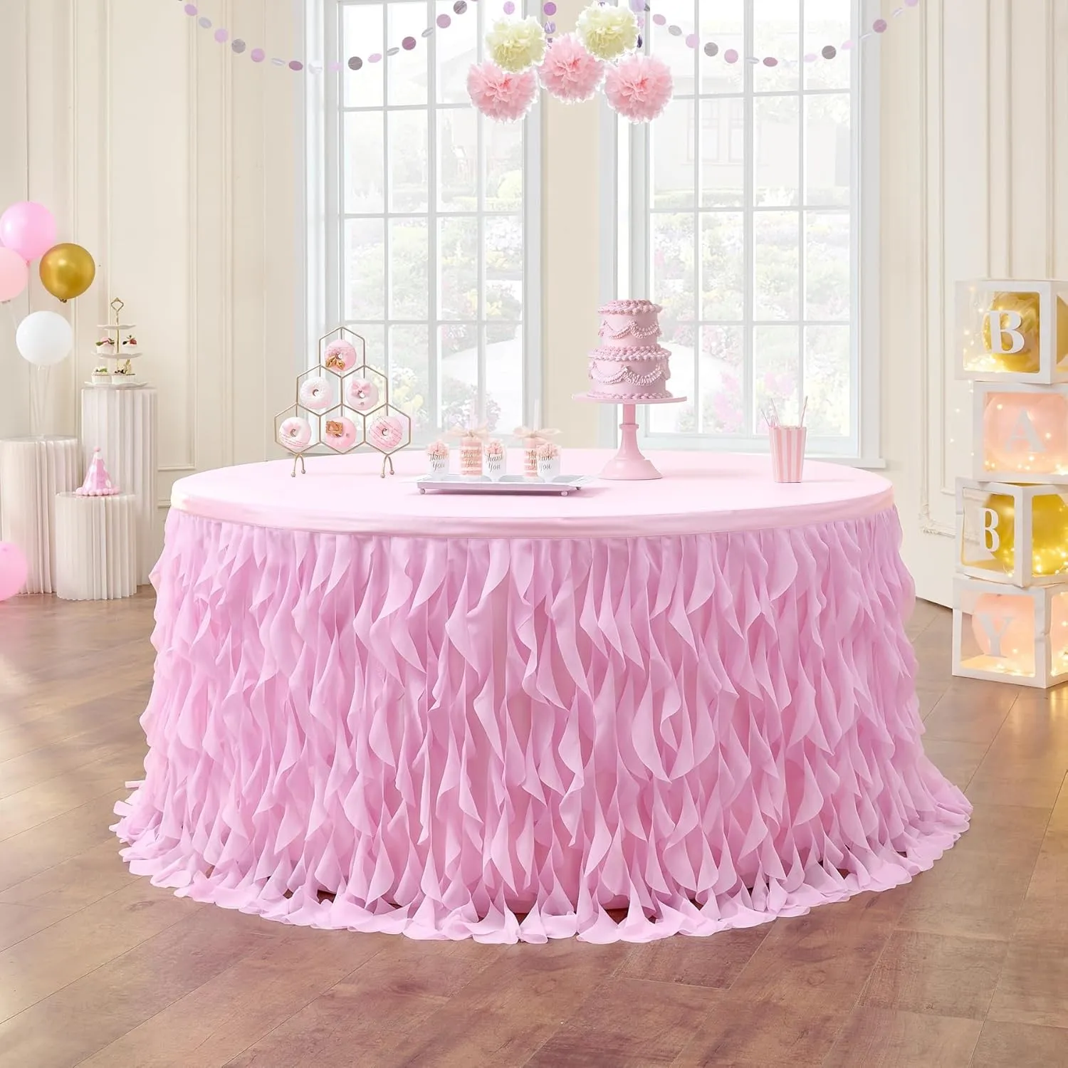 Leegleri 9ft Pink Tutu Table Skirt Tulle Curly Willow Table Skirt for Rectangle&Round Tables,Tutu Ruffle Tablecloth for Princess Girls 1st Baby Girl Birthday Party,Baby Shower Decoration,Gender Reveal