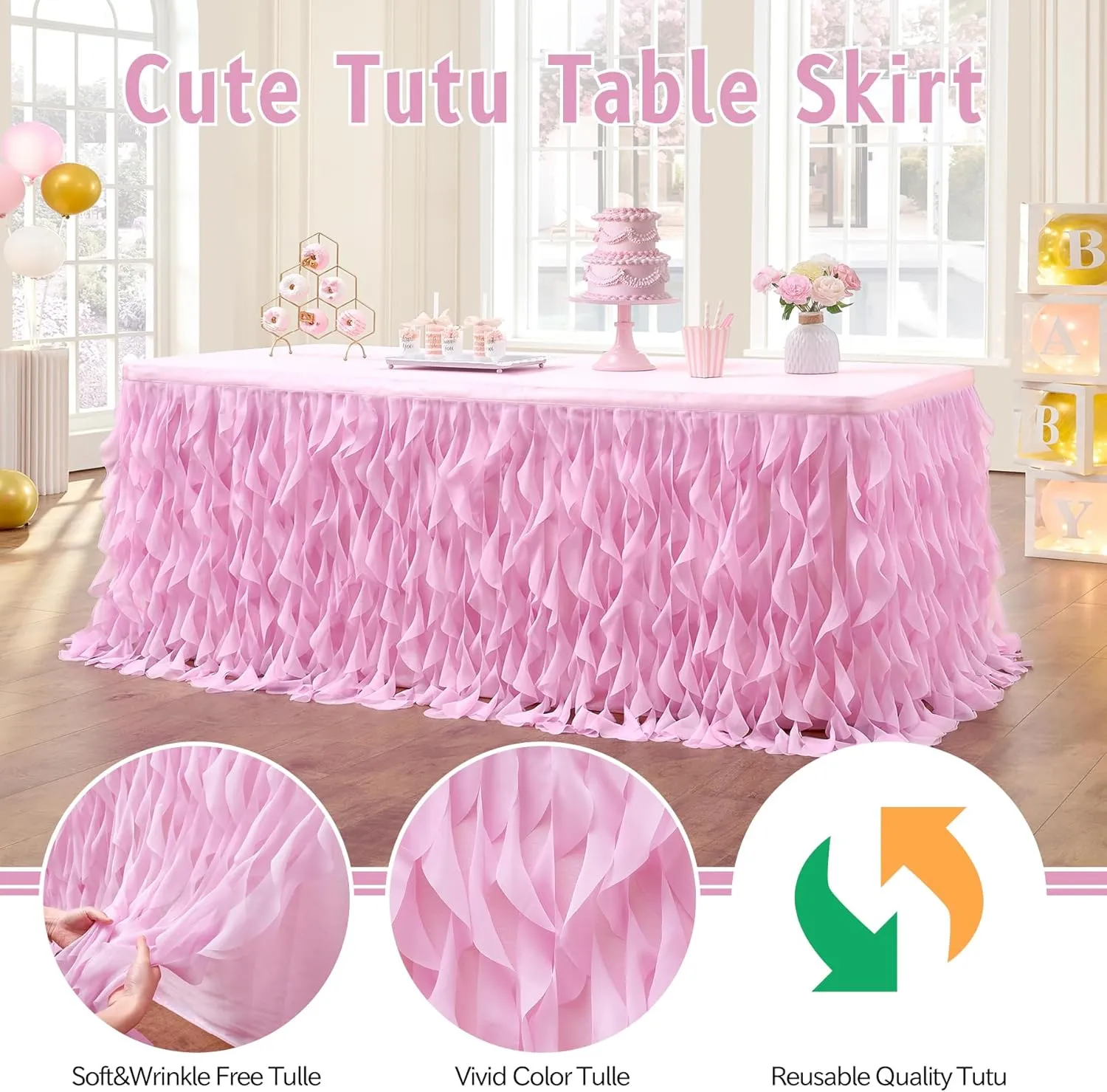 Leegleri 9ft Pink Tutu Table Skirt Tulle Curly Willow Table Skirt for Rectangle&Round Tables,Tutu Ruffle Tablecloth for Princess Girls 1st Baby Girl Birthday Party,Baby Shower Decoration,Gender Reveal