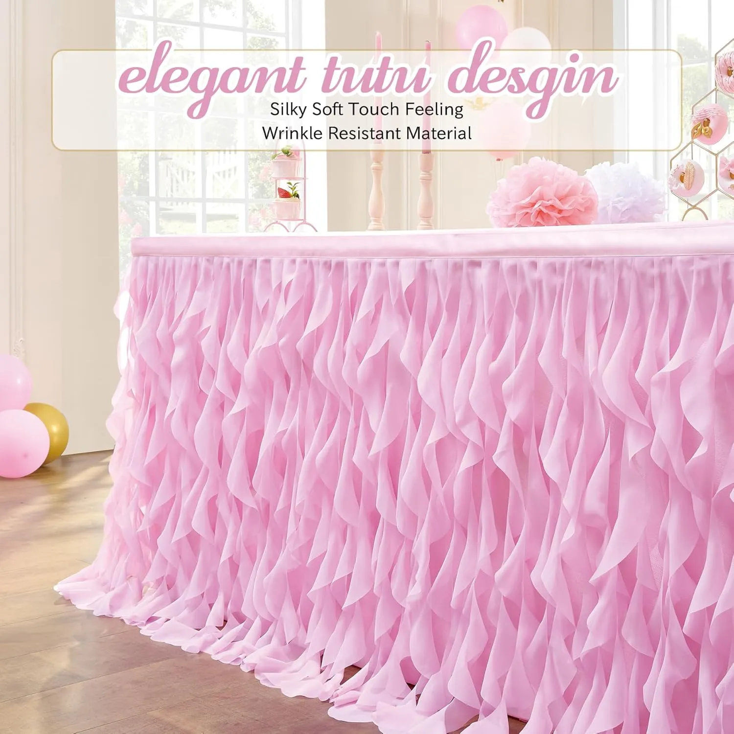 Leegleri 9ft Pink Tutu Table Skirt Tulle Curly Willow Table Skirt for Rectangle&Round Tables,Tutu Ruffle Tablecloth for Princess Girls 1st Baby Girl Birthday Party,Baby Shower Decoration,Gender Reveal