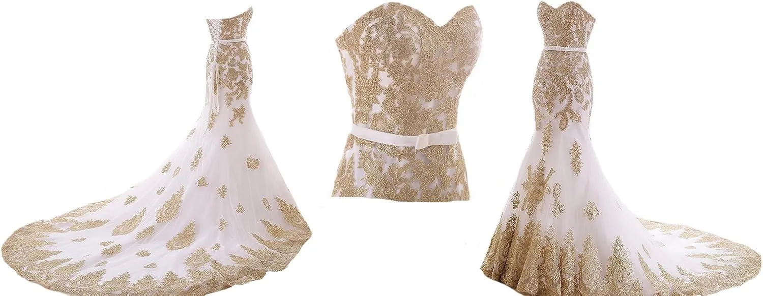 Lemai Mermaid Long Tulle Gold Lace Corset Sweetheart Wedding Dresses with Sash