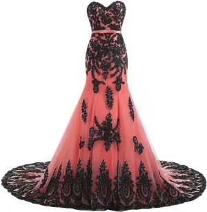 Lemai Mermaid Long Tulle Gold Lace Corset Sweetheart Wedding Dresses with Sash