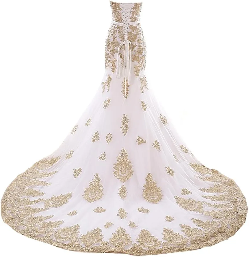 Lemai Mermaid Long Tulle Gold Lace Corset Sweetheart Wedding Dresses with Sash