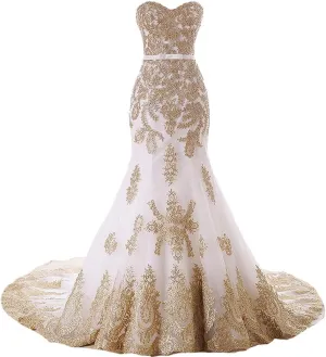 Lemai Mermaid Long Tulle Gold Lace Corset Sweetheart Wedding Dresses with Sash