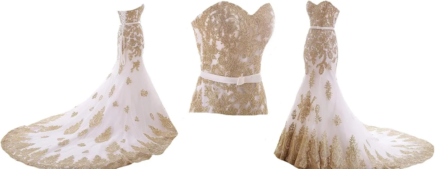Lemai Mermaid Long Tulle Gold Lace Corset Sweetheart Wedding Dresses with Sash