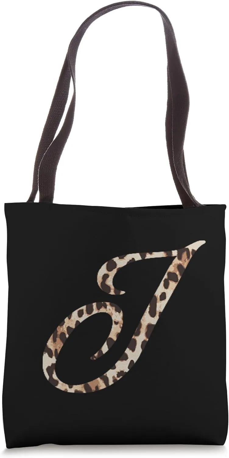 Leopard Print Monogram Letter J Art Script Initial Letter Tote Bag