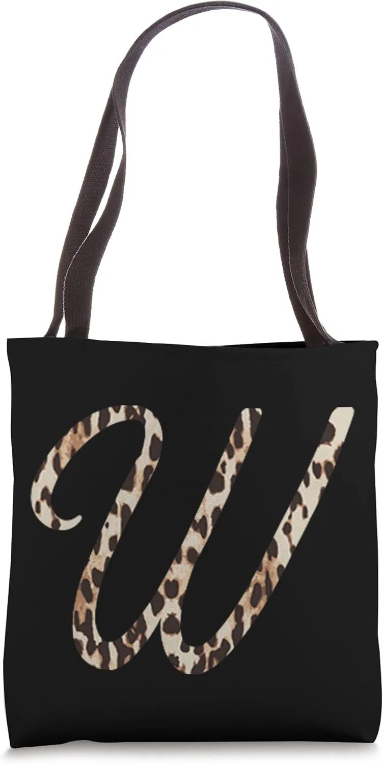 Leopard Print Monogram Letter W Art Script Initial Letter Tote Bag