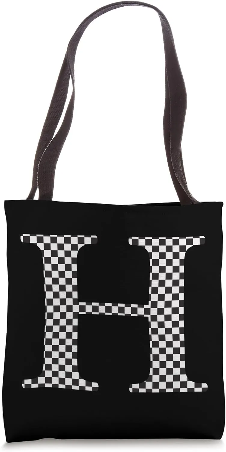 Letter H Monogram Initial Black and White Checkered Design Tote Bag