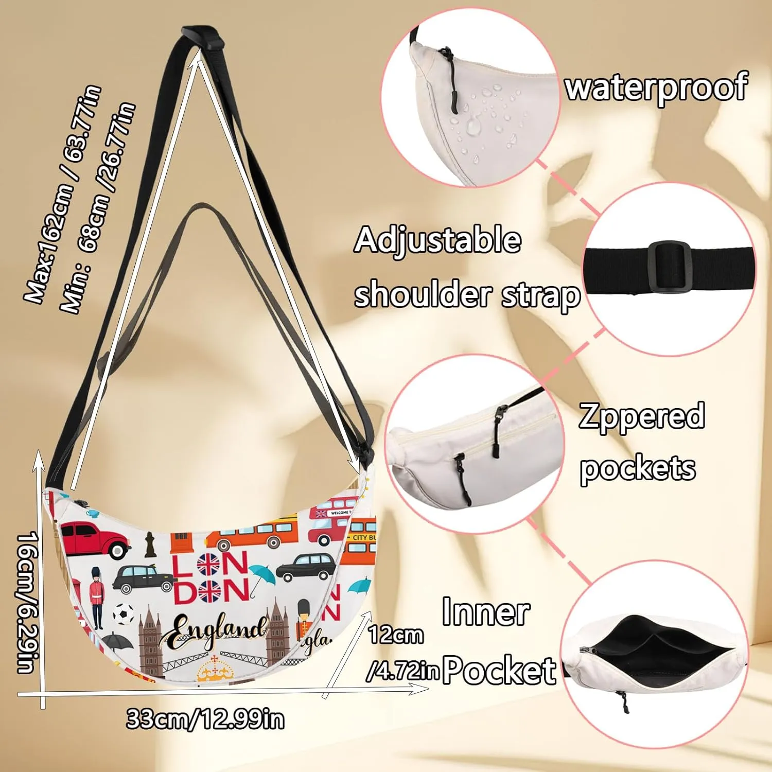 LEVLO London Travel Cross Body Bag England Trip Souvenir Gift UK Vacation Shoulder Bag UK London Travel Merch