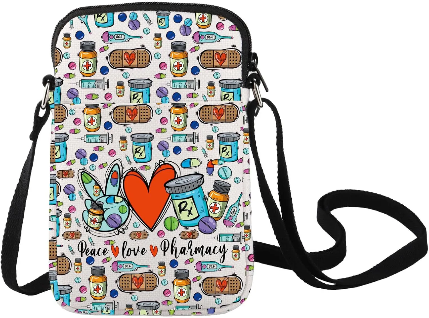LEVLO Pharmacist RX Crossbody Bag Pharmacy Technician Gift Peace Love Pharmacy Shoulder Bag Pharmacy Tech Merch