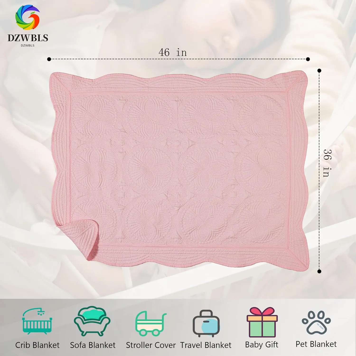 Lightweight Baby Quilt Neutral Durable, Personlized Baby Blankets Monogram Embossed, Four Seasons Cotton Quilted Blanket for Boys and Girls 36x46 Inches Pink