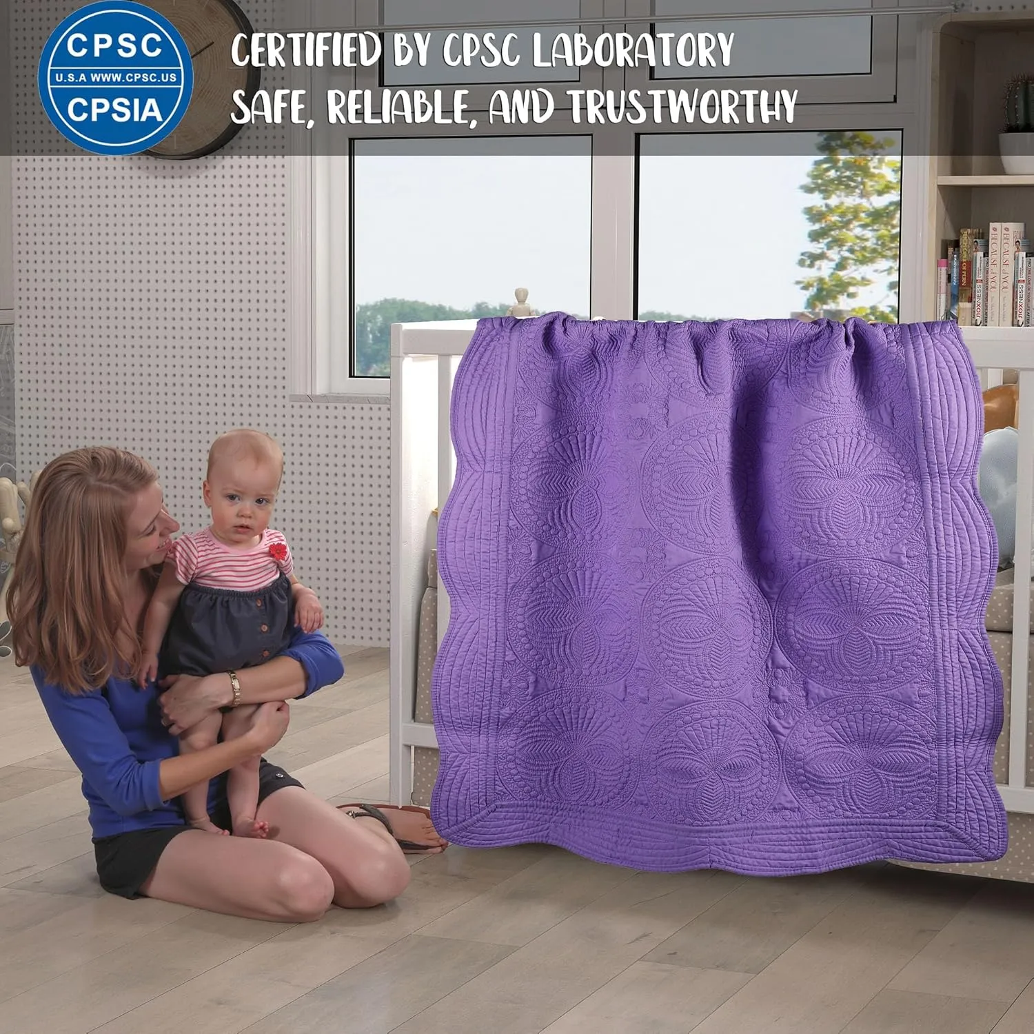 Lightweight Baby Quilt Neutral Durable, Personlized Baby Blankets Monogram Embossed, Four Seasons Cotton Quilted Blanket Toddler Quilt for Boys and Girls 36x46 Inches White (Purple)