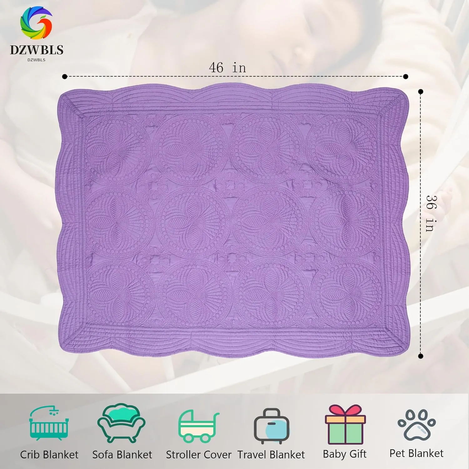 Lightweight Baby Quilt Neutral Durable, Personlized Baby Blankets Monogram Embossed, Four Seasons Cotton Quilted Blanket Toddler Quilt for Boys and Girls 36x46 Inches White (Purple)