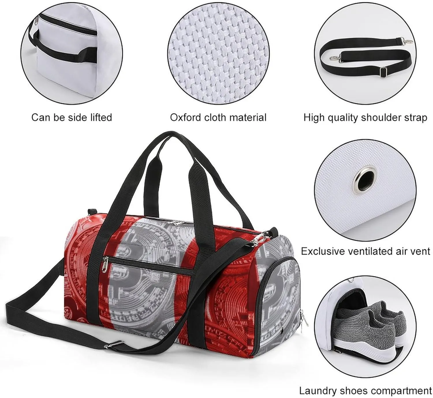 Lightweight Peru Flag Bitcoin Gym Bag with Shoe Compartment Waterproof Duffel