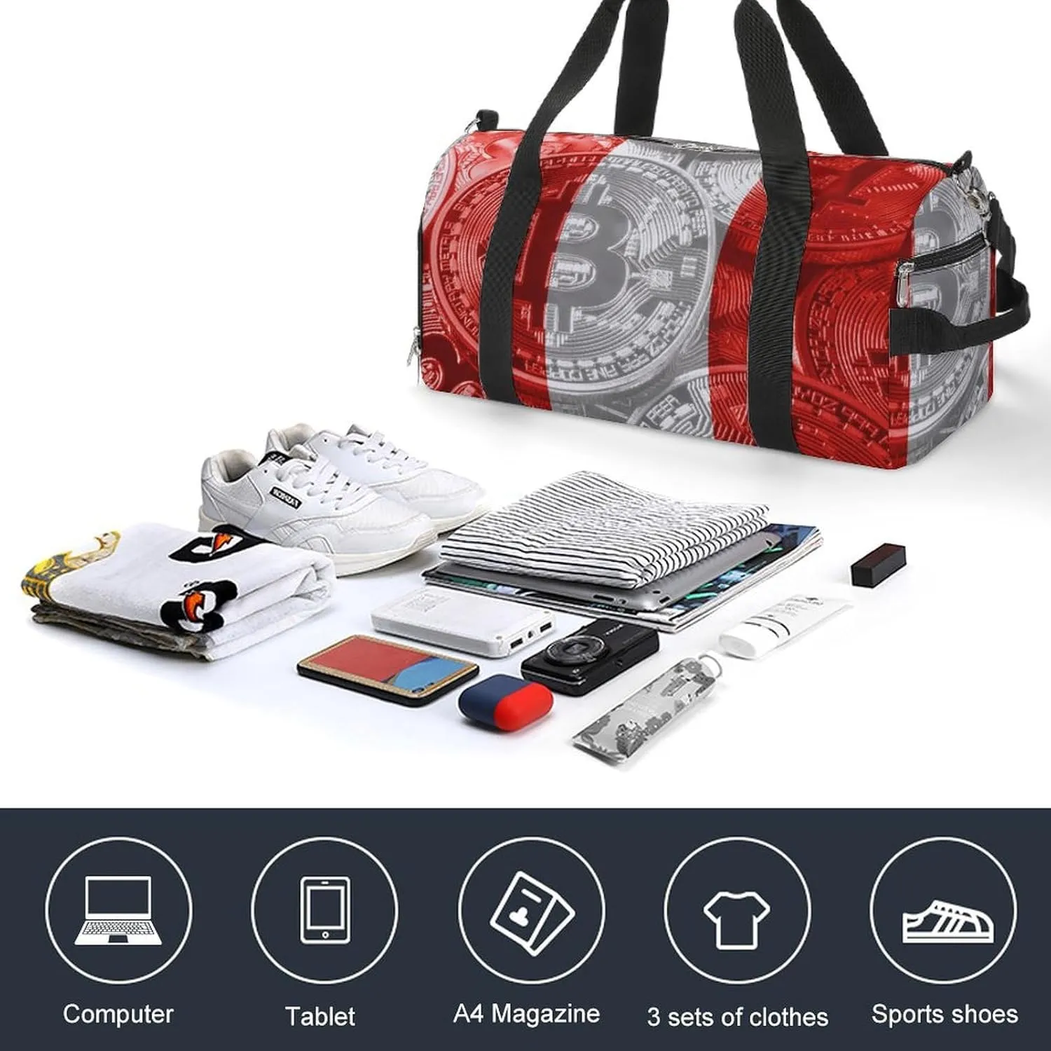Lightweight Peru Flag Bitcoin Gym Bag with Shoe Compartment Waterproof Duffel