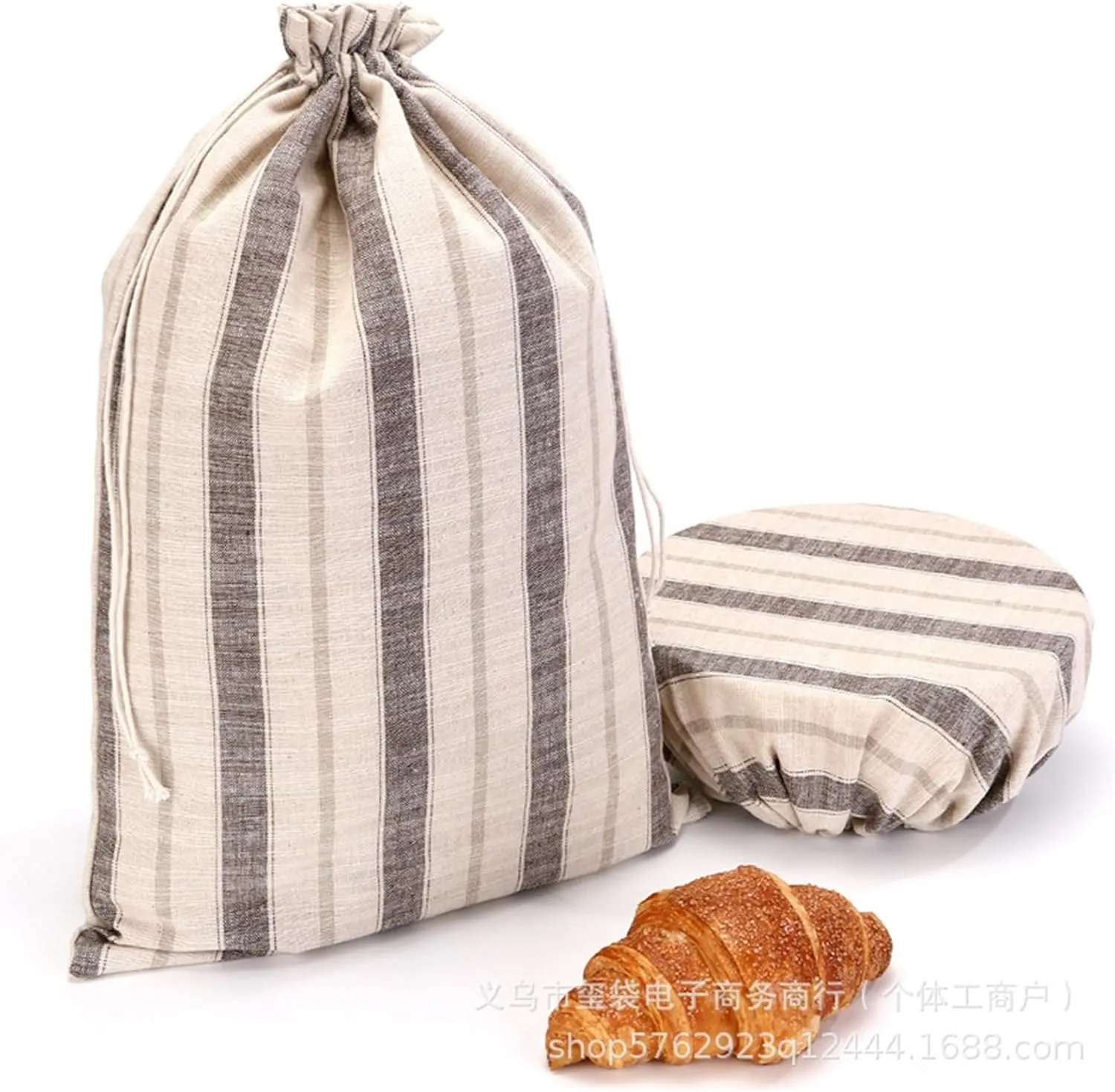 Linen Bread Storage Bag with Drawstring - Reusable Sourdough Rounds Holder for Homemade Bread and Ingredient Storage(Brown stripes)