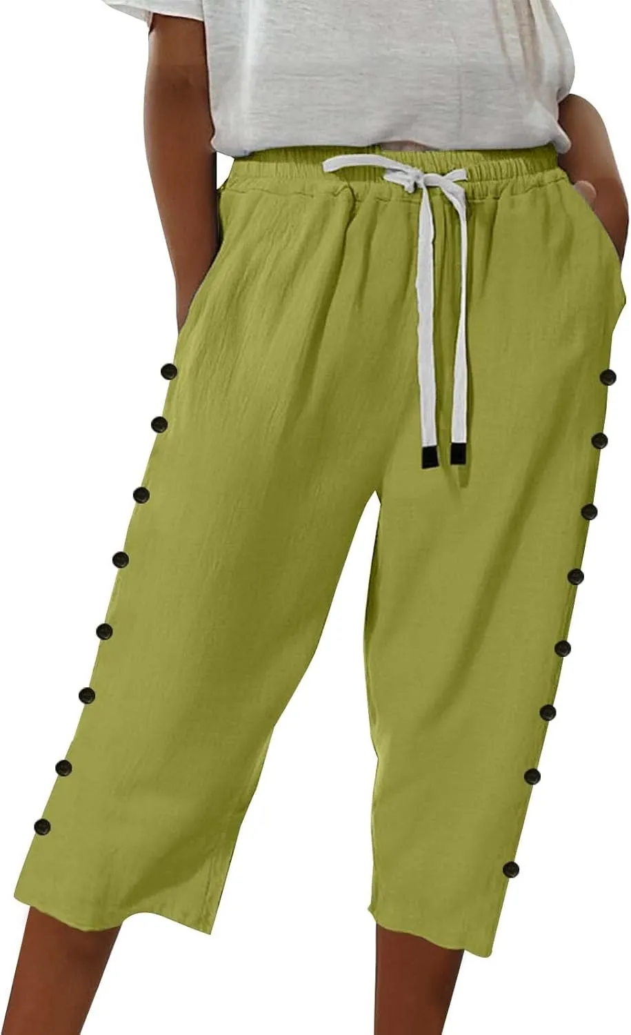 Linen Capri Pants for Women Casual High Waisted Straight Leg Lounge Pants Fashion Side Button Capris with Pockets
