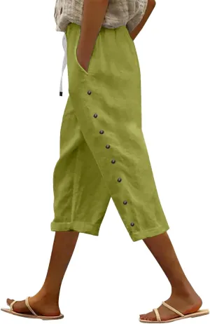 Linen Capri Pants for Women Casual High Waisted Straight Leg Lounge Pants Fashion Side Button Capris with Pockets
