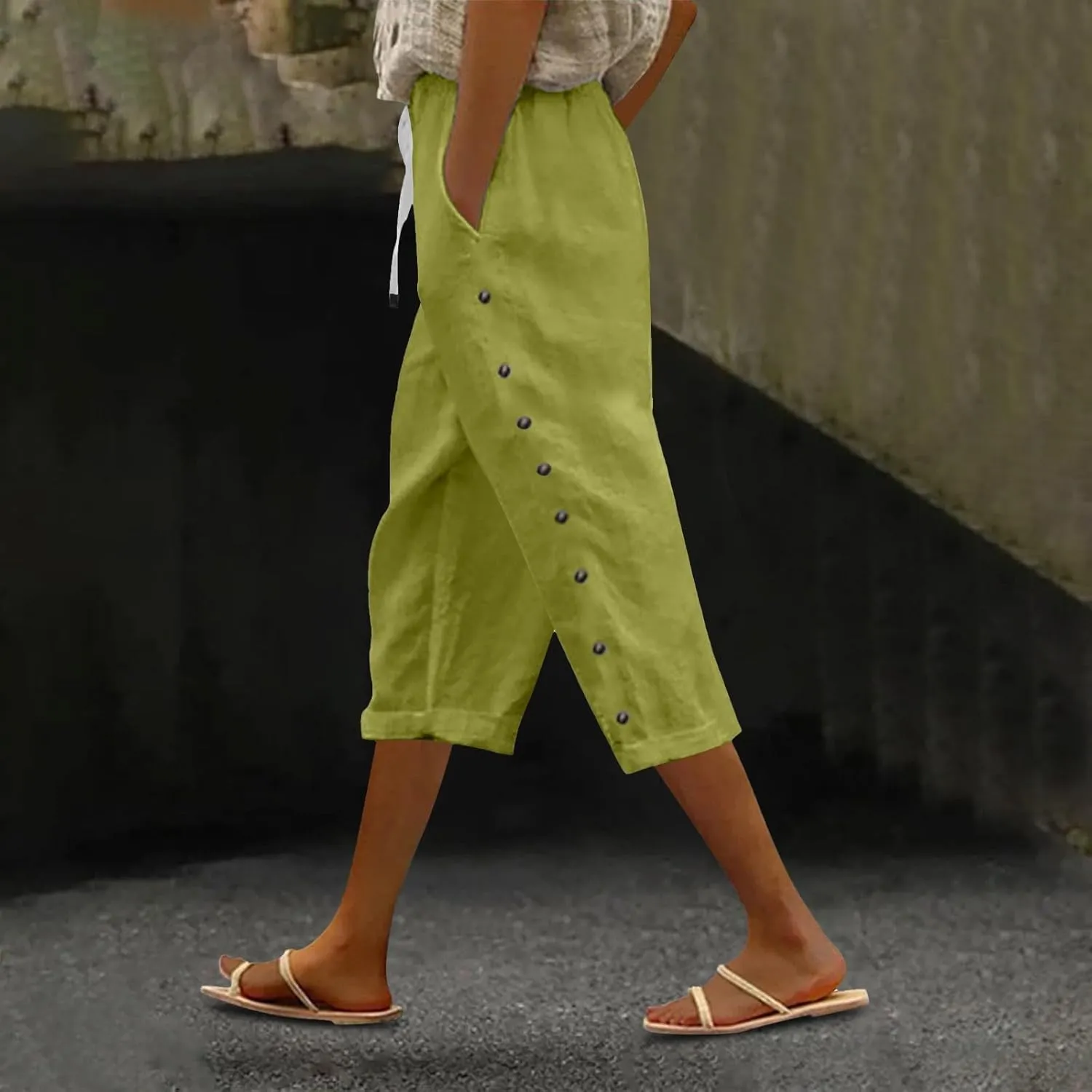 Linen Capri Pants for Women Casual High Waisted Straight Leg Lounge Pants Fashion Side Button Capris with Pockets