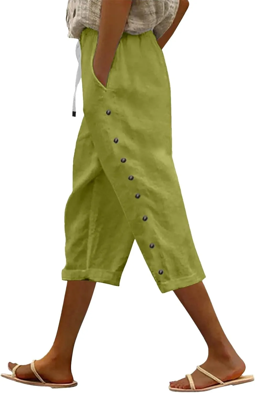 Linen Capri Pants for Women Casual High Waisted Straight Leg Lounge Pants Fashion Side Button Capris with Pockets