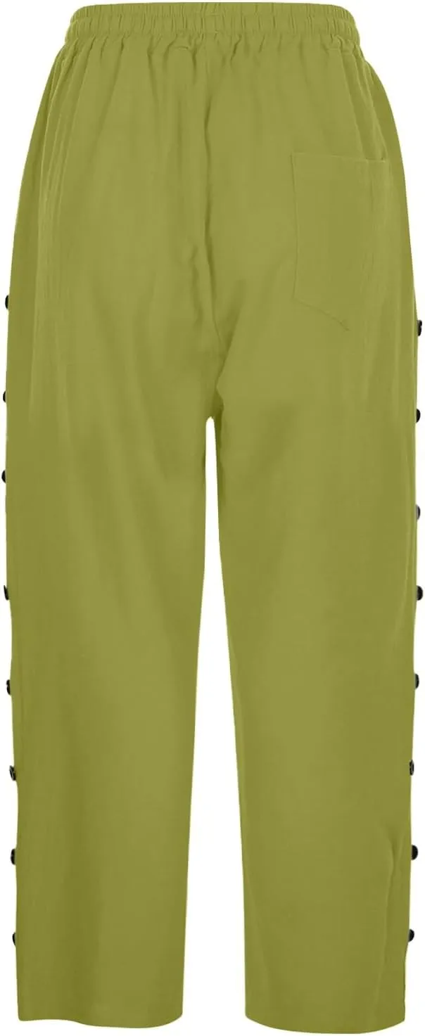 Linen Capri Pants for Women Casual High Waisted Straight Leg Lounge Pants Fashion Side Button Capris with Pockets